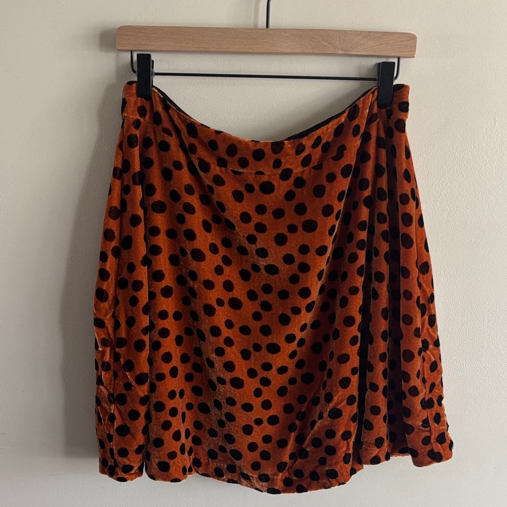 Madewell • velvet mini skirt—orange and black polka dots